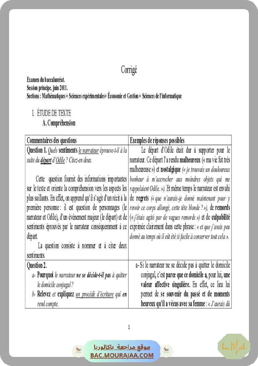 Corrigé principale francais Bac 2011 – Section math